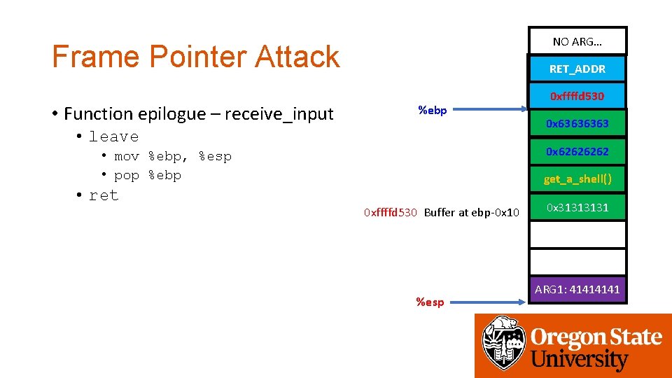 NO ARG… Frame Pointer Attack • Function epilogue – receive_input get_a_shell() RET_ADDR %ebp •