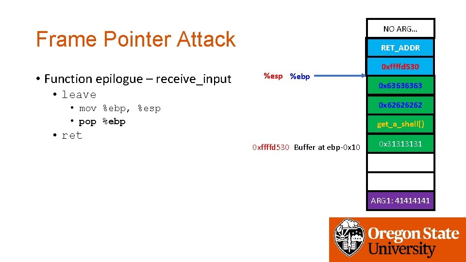 NO ARG… Frame Pointer Attack • Function epilogue – receive_input get_a_shell() RET_ADDR %esp %ebp