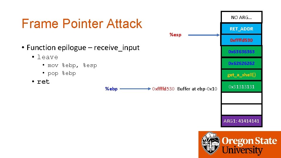 NO ARG… Frame Pointer Attack %esp • Function epilogue – receive_input 0 x 6464