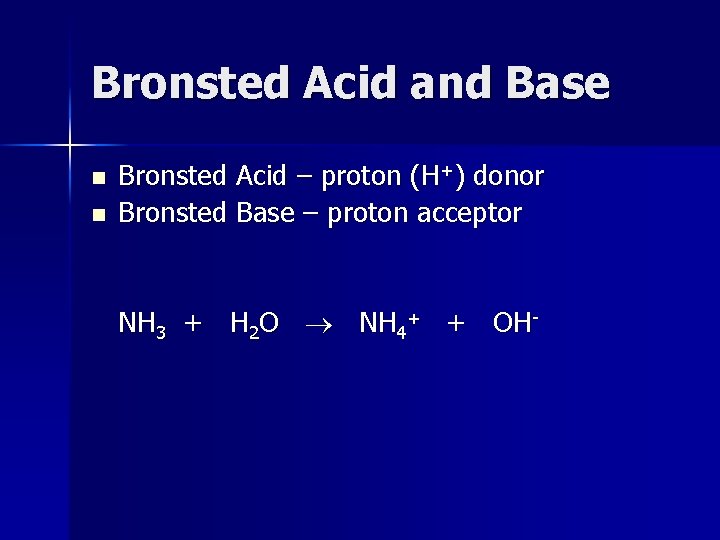 Bronsted Acid and Base n n Bronsted Acid – proton (H+) donor Bronsted Base