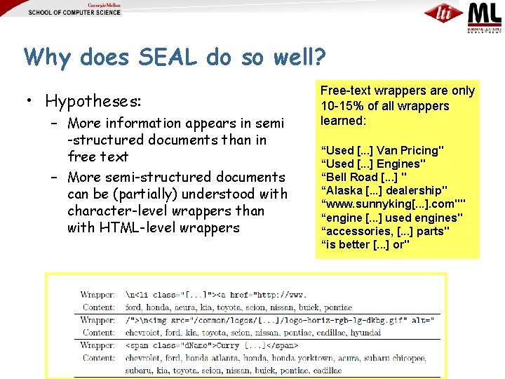 Why does SEAL do so well? • Hypotheses: – More information appears in semi