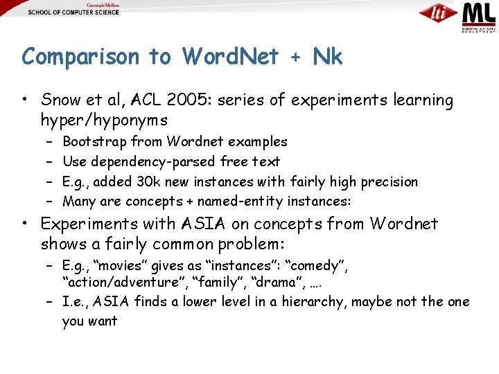 Comparison to Word. Net + Nk • Snow et al, ACL 2005: series of