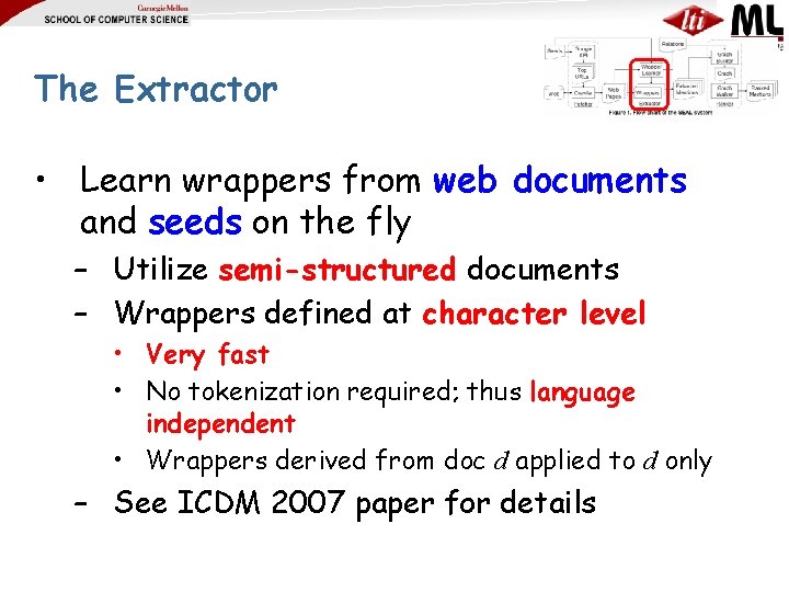 The Extractor • Learn wrappers from web documents and seeds on the fly –
