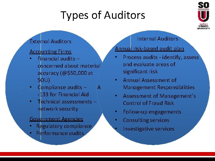 Types of Auditors External Auditors . Accounting Firms • Financial audits – concerned about