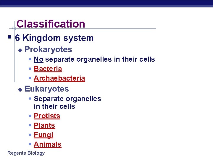 Classification 6 Kingdom system Prokaryotes No separate organelles in their cells Bacteria Archaebacteria Eukaryotes