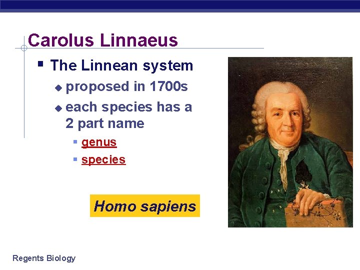 Carolus Linnaeus The Linnean system proposed in 1700 s each species has a 2