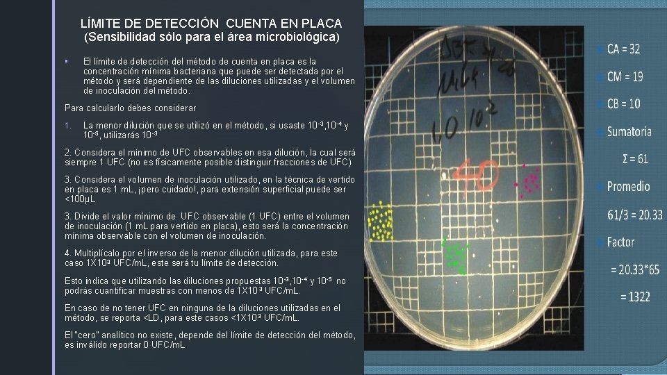 LÍMITE DE DETECCIÓN CUENTA EN PLACA (Sensibilidad sólo para el área microbiológica) § El