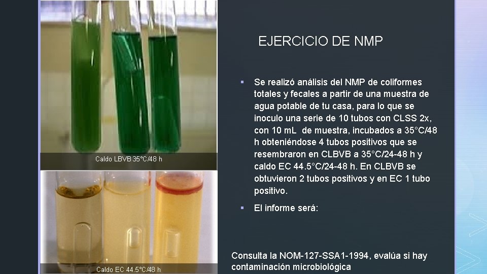 z EJERCICIO DE NMP § Se realizó análisis del NMP de coliformes totales y