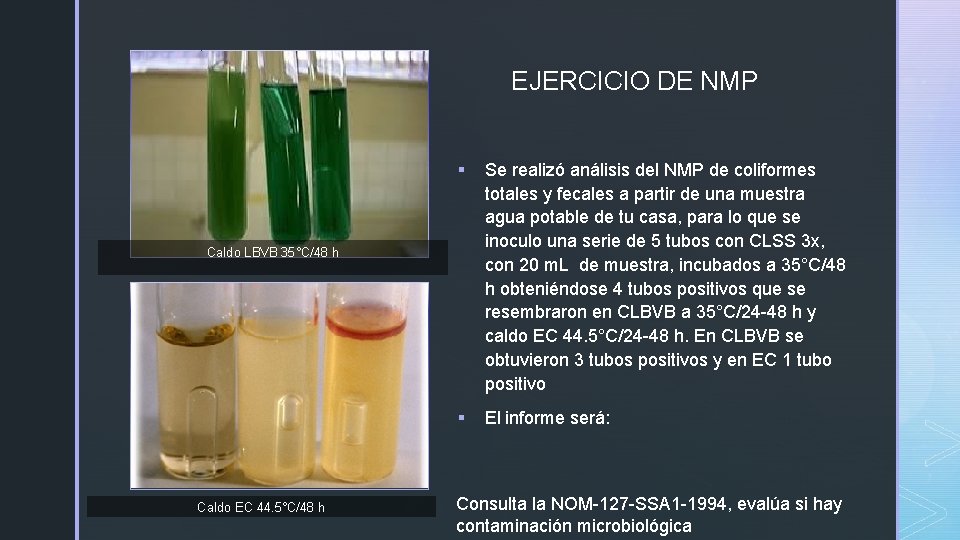 z EJERCICIO DE NMP § Se realizó análisis del NMP de coliformes totales y