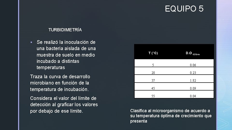 EQUIPO 5 TURBIDIMETRÍA § Se realizó la inoculación de una bacteria aislada de una