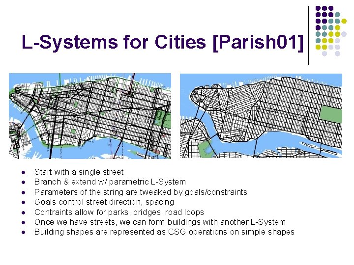 L-Systems for Cities [Parish 01] l l l l Start with a single street