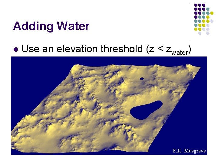 Adding Water l Use an elevation threshold (z < zwater) F. K. Musgrave 
