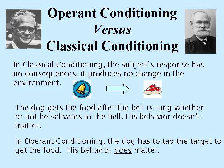 Operant Conditioning Versus Classical Conditioning In Classical Conditioning, the subject’s response has no consequences;