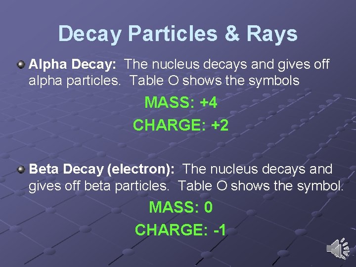 Decay Particles & Rays Alpha Decay: The nucleus decays and gives off alpha particles. Decay Particles & Rays Alpha Decay: The nucleus decays and gives off alpha particles.