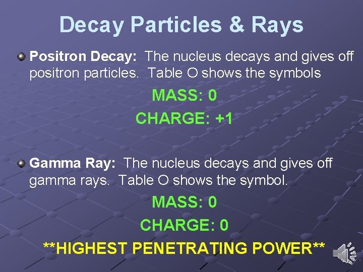 Decay Particles & Rays Positron Decay: The nucleus decays and gives off positron particles. Decay Particles & Rays Positron Decay: The nucleus decays and gives off positron particles.