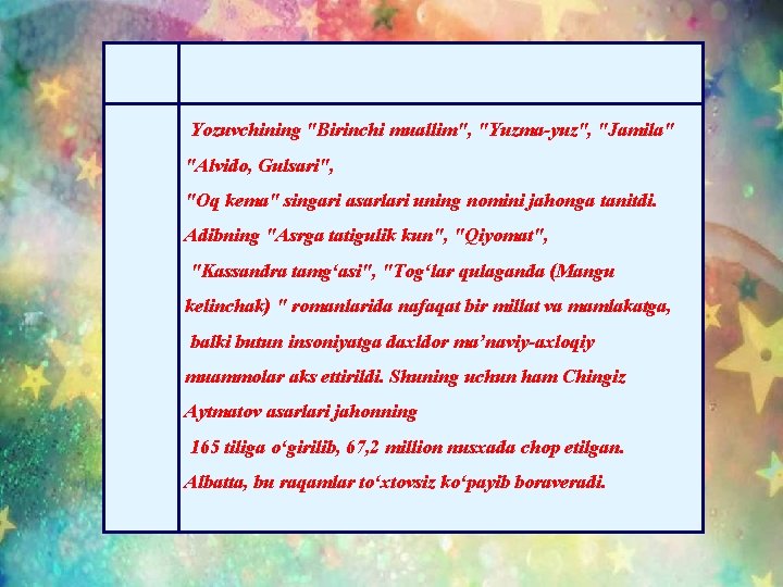 Yozuvchining "Birinchi muallim", "Yuzma-yuz", "Jamila" "Alvido, Gulsari", "Oq kema" singari asarlari uning nomini jahonga