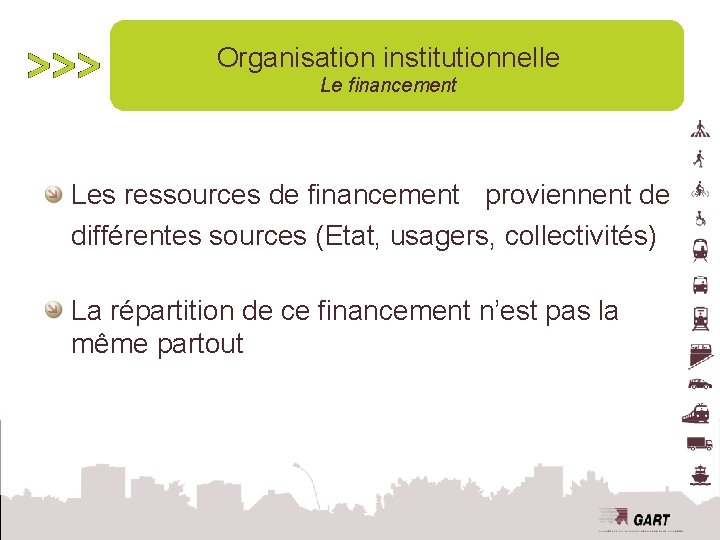 Organisation institutionnelle Le financement Les ressources de financement proviennent de différentes sources (Etat, usagers,
