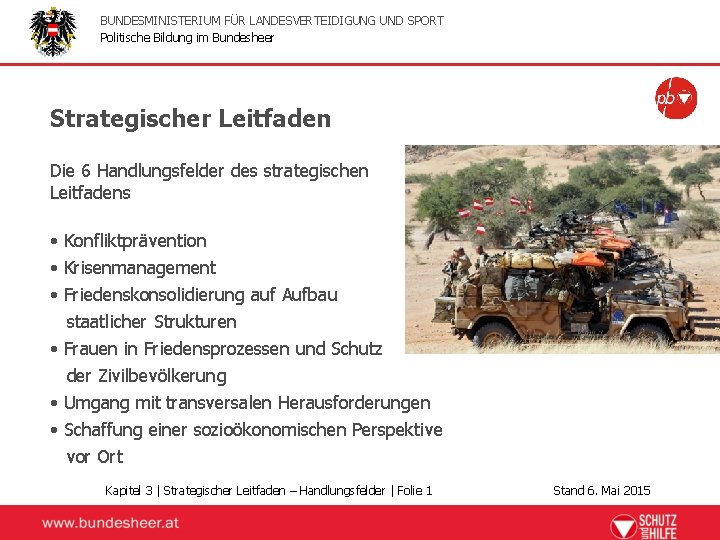 BUNDESMINISTERIUM FÜR LANDESVERTEIDIGUNG UND SPORT Politische Bildung im Bundesheer Strategischer Leitfaden Die 6 Handlungsfelder