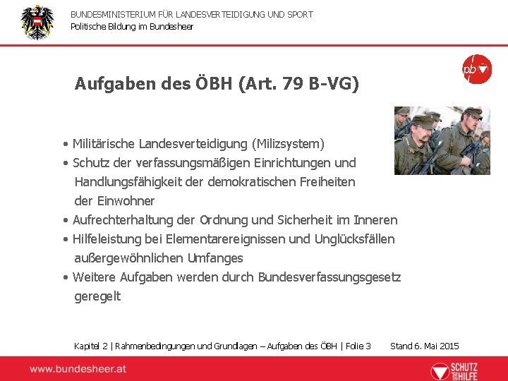 BUNDESMINISTERIUM FÜR LANDESVERTEIDIGUNG UND SPORT Politische Bildung im Bundesheer Aufgaben des ÖBH (Art. 79