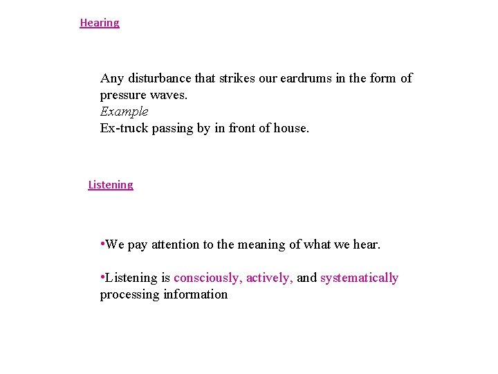 Hearing Any disturbance that strikes our eardrums in the form of pressure waves. Example