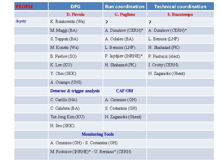 PEOPLE deputy DPG Run coordination Technical coordination D. Piccolo G. Pugliese S. Buontempo K.