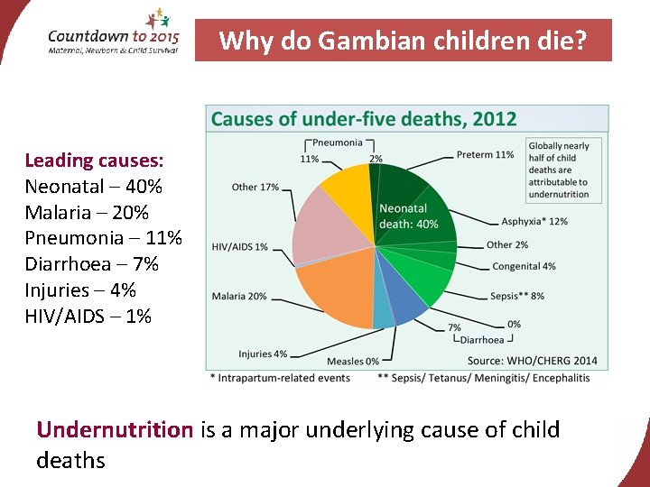 Why do Gambian children die? Leading causes: Neonatal – 40% Malaria – 20% Pneumonia