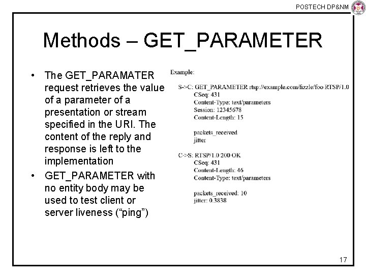 POSTECH DP&NM Lab Methods – GET_PARAMETER • The GET_PARAMATER request retrieves the value of