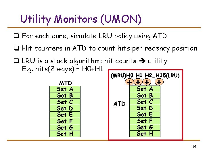 Utility Monitors (UMON) q For each core, simulate LRU policy using ATD q Hit