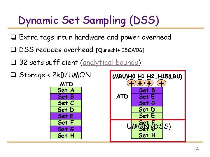 Dynamic Set Sampling (DSS) q Extra tags incur hardware and power overhead q DSS