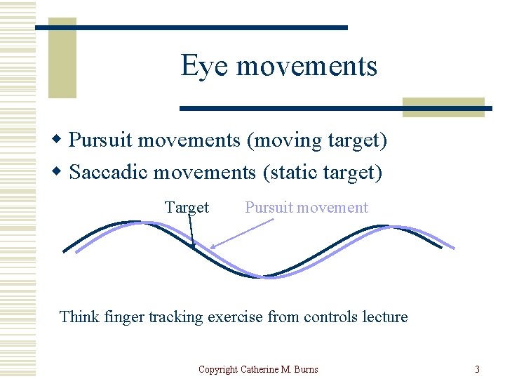 Eye movements w Pursuit movements (moving target) w Saccadic movements (static target) Target Pursuit