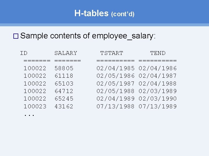 H-tables (cont’d) � Sample contents of employee_salary: ID ======= 100022 100022 100023. . . H-tables (cont’d) � Sample contents of employee_salary: ID ======= 100022 100022 100023. . .