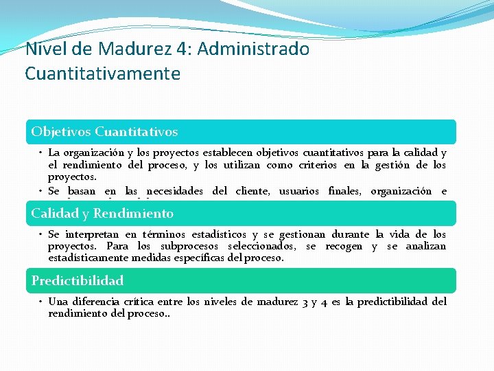 Nivel de Madurez 4: Administrado Cuantitativamente Objetivos Cuantitativos • La organización y los proyectos