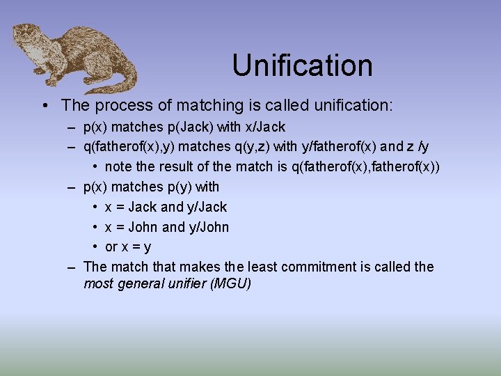 Unification • The process of matching is called unification: – p(x) matches p(Jack) with