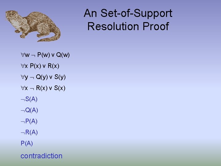 An Set-of-Support Resolution Proof w P(w) v Q(w) x P(x) v R(x) y Q(y)