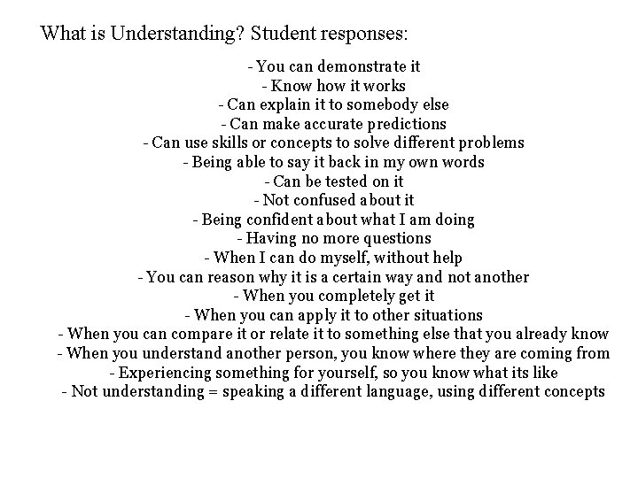 What is Understanding? Student responses: - You can demonstrate it - Know how it
