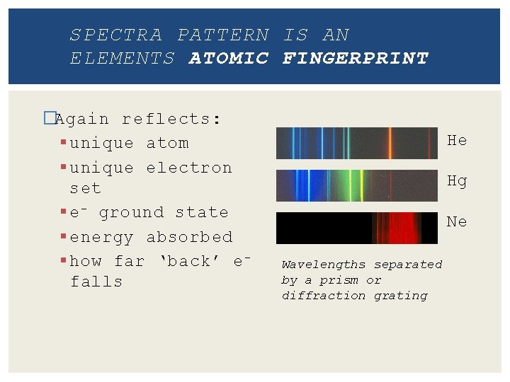 SPECTRA PATTERN IS AN ELEMENTS ATOMIC FINGERPRINT �Again reflects: § unique atom § unique