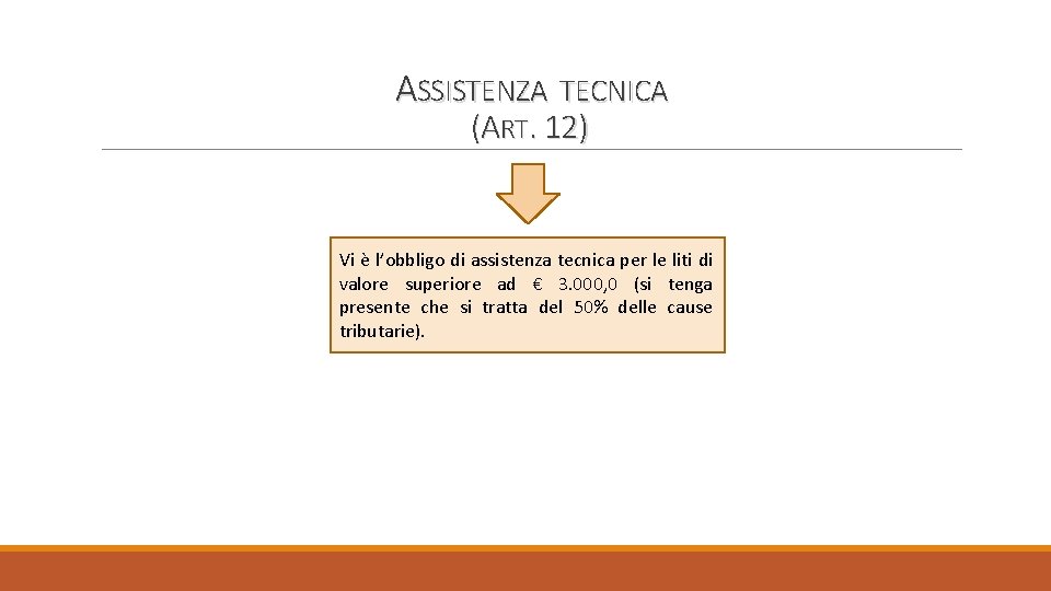 ASSISTENZA TECNICA (ART. 12) Vi è l’obbligo di assistenza tecnica per le liti di