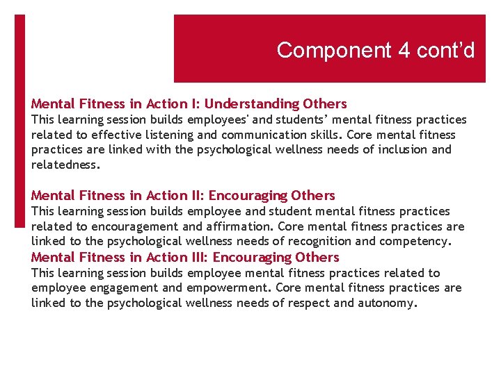 Component 4 cont’d Mental Fitness in Action I: Understanding Others This learning session builds