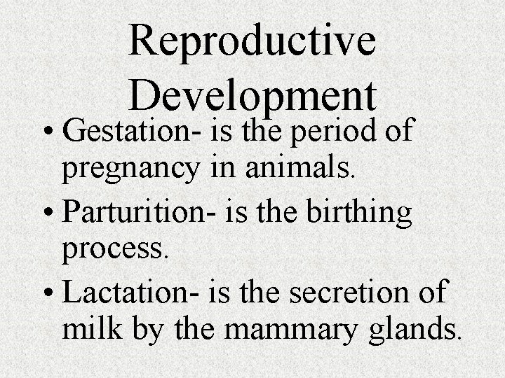 Reproductive Development • Gestation- is the period of pregnancy in animals. • Parturition- is