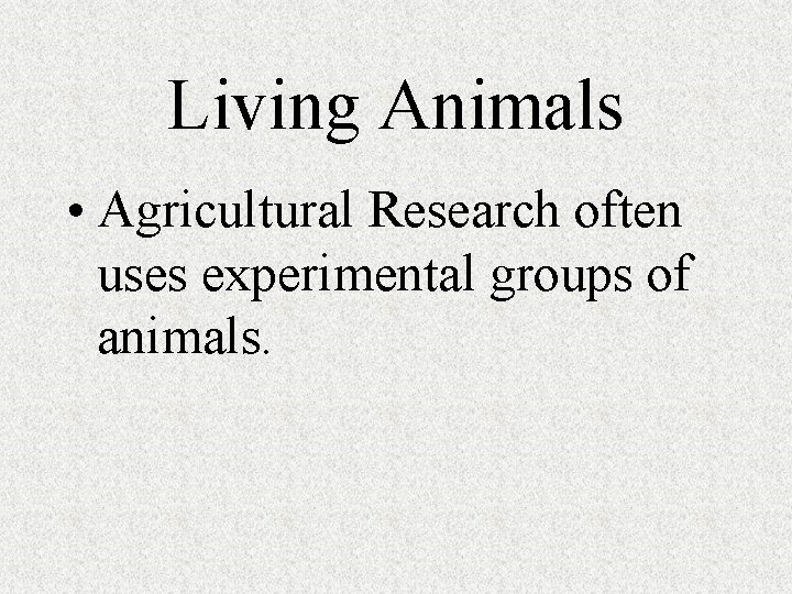 Living Animals • Agricultural Research often uses experimental groups of animals. 