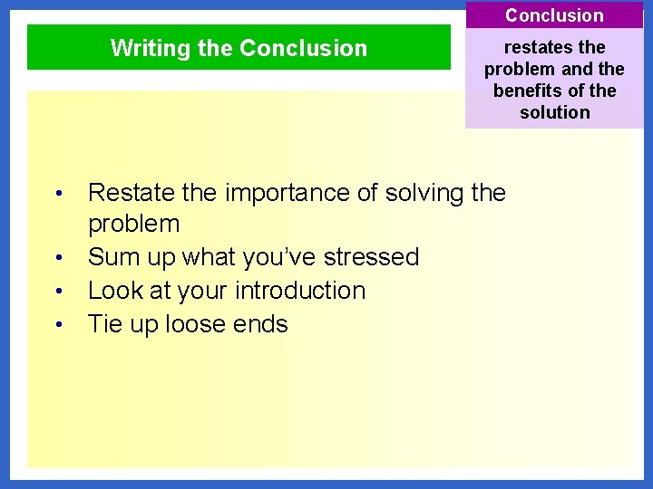 Conclusion Writing the Conclusion restates the problem and the benefits of the solution Restate