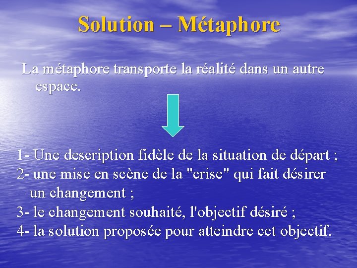 Solution – Métaphore La métaphore transporte la réalité dans un autre espace. 1 -