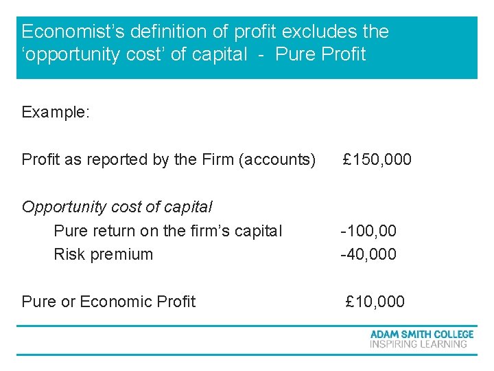 Economist’s definition of profit excludes the ‘opportunity cost’ of capital - Pure Profit Example: Economist’s definition of profit excludes the ‘opportunity cost’ of capital - Pure Profit Example: