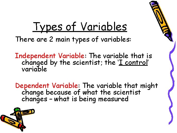 Types of Variables There are 2 main types of variables: Independent Variable: The variable
