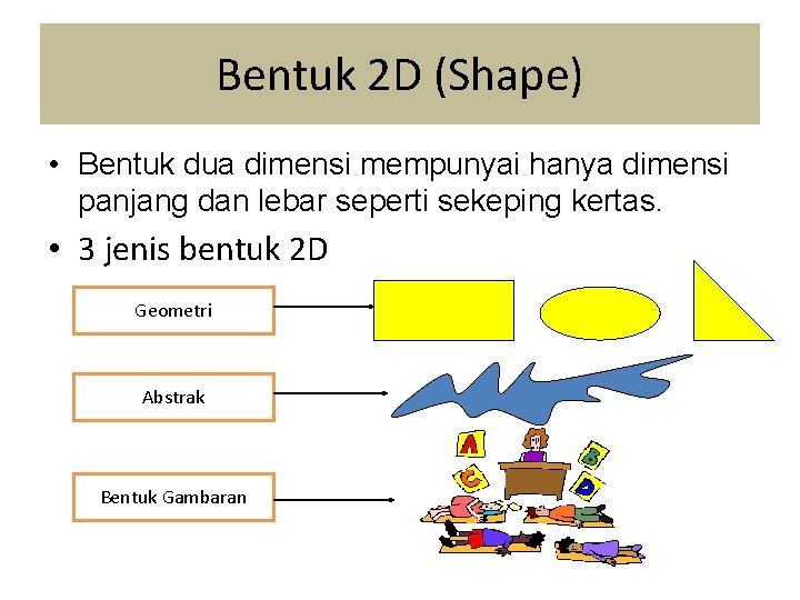 Bentuk 2 D (Shape) • Bentuk dua dimensi mempunyai hanya dimensi panjang dan lebar