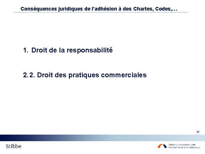Conséquences juridiques de l’adhésion à des Chartes, Codes, … 1. Droit de la responsabilité Conséquences juridiques de l’adhésion à des Chartes, Codes, … 1. Droit de la responsabilité