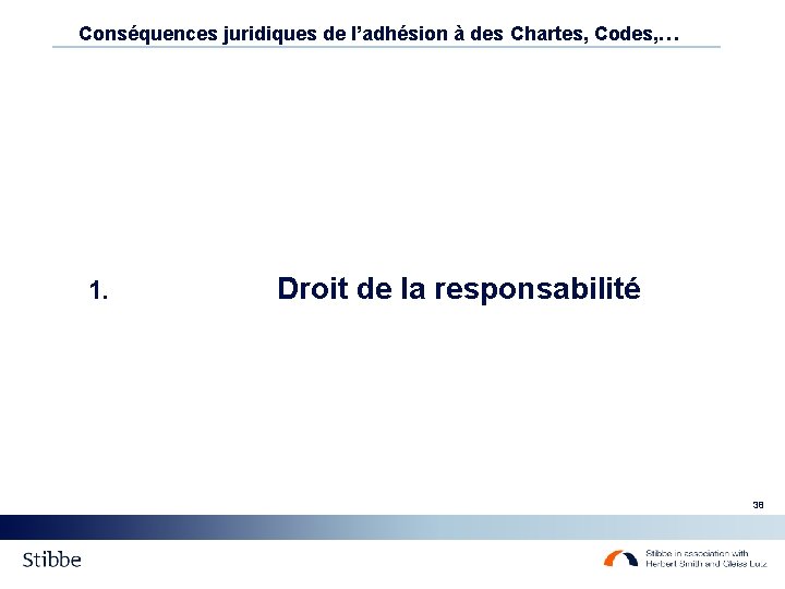Conséquences juridiques de l’adhésion à des Chartes, Codes, … 1. Droit de la responsabilité Conséquences juridiques de l’adhésion à des Chartes, Codes, … 1. Droit de la responsabilité