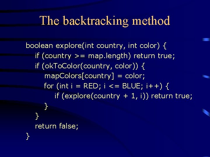 The backtracking method boolean explore(int country, int color) { if (country >= map. length)