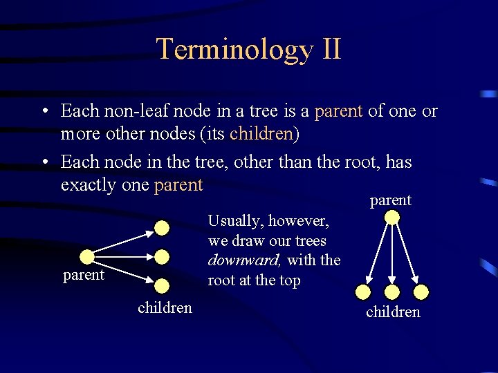 Terminology II • Each non-leaf node in a tree is a parent of one