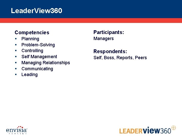 Leader. View 360 Competencies Participants: § § § § Managers Planning Problem-Solving Controlling Self